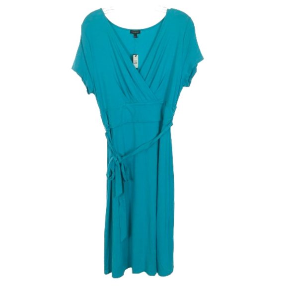 NWT Womens Size Large Talbots Teal Stretch Crepe Faux Wrap Midi Dress - Picture 1 of 3